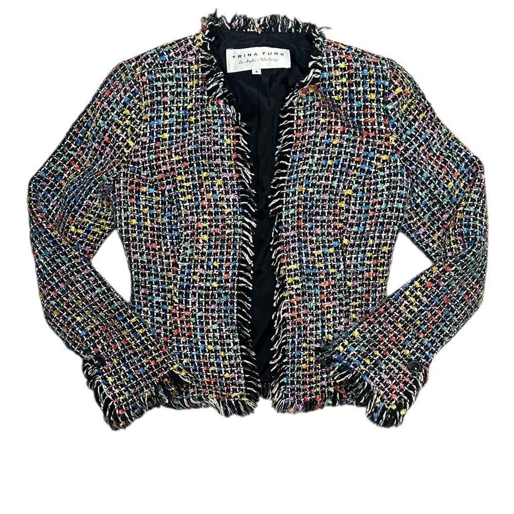 Trina Turk colorful multicolored Tweed Blazer with fringe detail